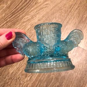 Blue glass chickens with basket toothpick holder